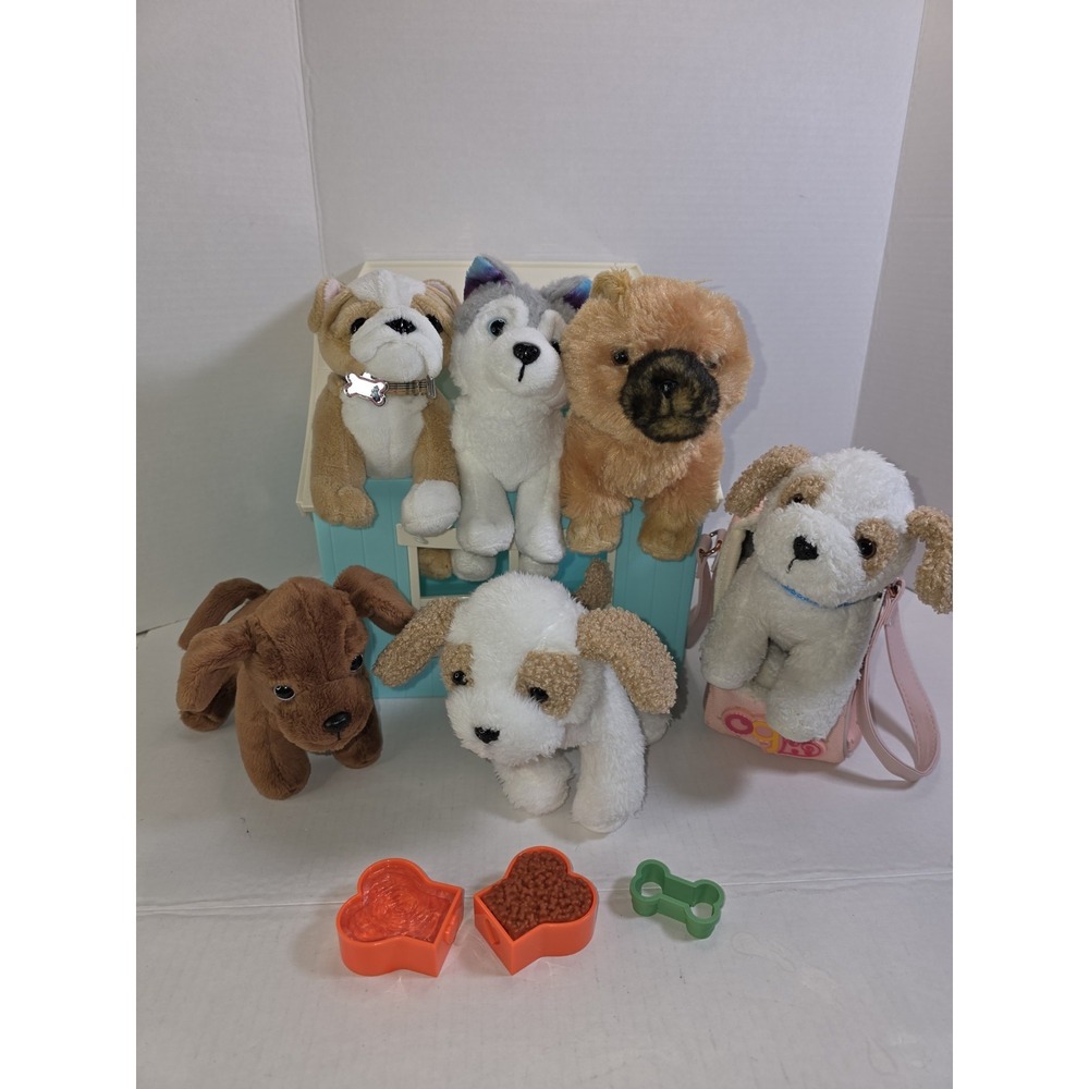 Our Generation Puppy Dog Plush Lot Of 6 Dogs, House, Carry Dog Bag & Accessories